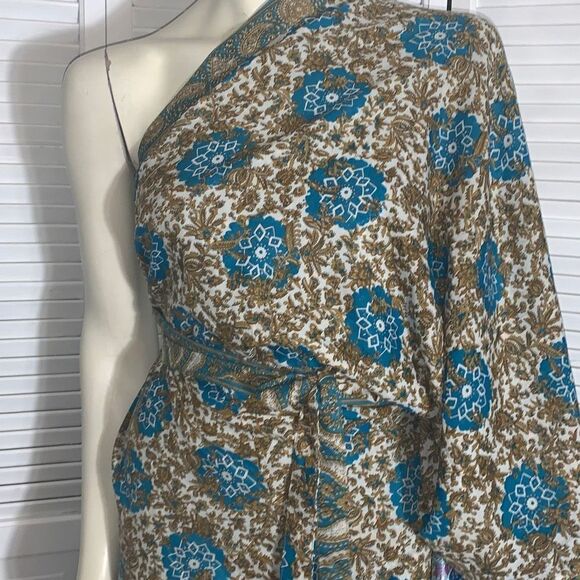 Earthbound 100% Silk Blue Floral Paisley Double Layered Sari Wrap Skirt Dress On - Picture 8 of 14